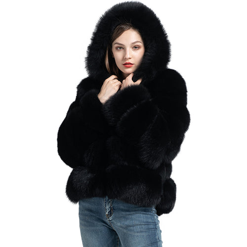 Women Real Fox Fur Hood Coats Fashion Style Fur Jacket Black
