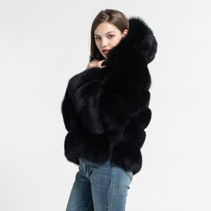 Women Real Fox Fur Hood Coats Fashion Style Fur Jacket Black