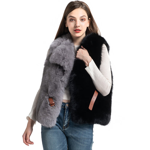 Women Real Fox Fur Vest Mixed Black and Grey Gilets Belt Winter Waistcoat