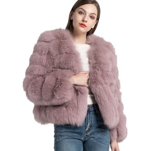 Women's Real Fox Fur Coat Dusty Pink Jacket Short Style Outwear