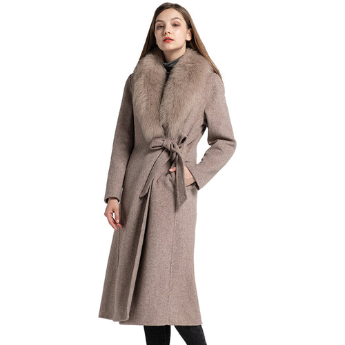 Women's Long Wool Coat Detachable Fluffy Fox Fur Genuine Real Fur Mocca