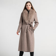 Load image into Gallery viewer, Women&#39;s Long Wool Coat Detachable Fluffy Fox Fur Genuine Real Fur Mocca