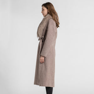 Women's Long Wool Coat Detachable Fluffy Fox Fur Genuine Real Fur Mocca
