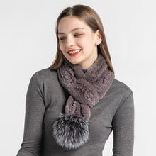 Load image into Gallery viewer, Rex Rabbit Fur Scarves With Silver Fox Pompom Women Winter Fur Shawl Mocca Muffler