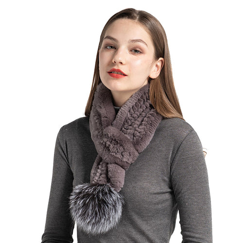 Rex Rabbit Fur Scarves With Silver Fox Pompom Women Winter Fur Shawl Mocca Muffler