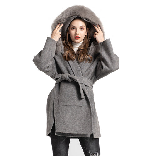Women Winter Wool Grey Coat Real Fox Fur Hood Cashmere Jacket