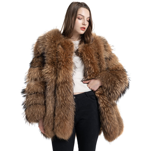 Women Real Natural Raccoon Fur Coat Winter Long Jacket