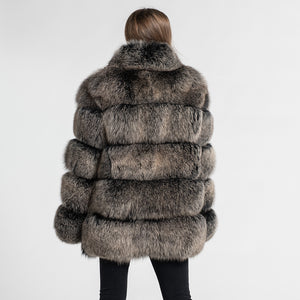 Women's Real Fox Fur Coat Thick Warm Fur Jacket Winter Black Frosted