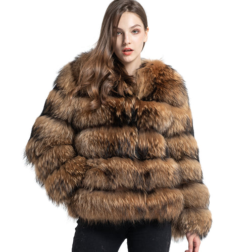 Real Raccoon Fur Jacket Women Winter Coat 5 Rows Long Sleeves