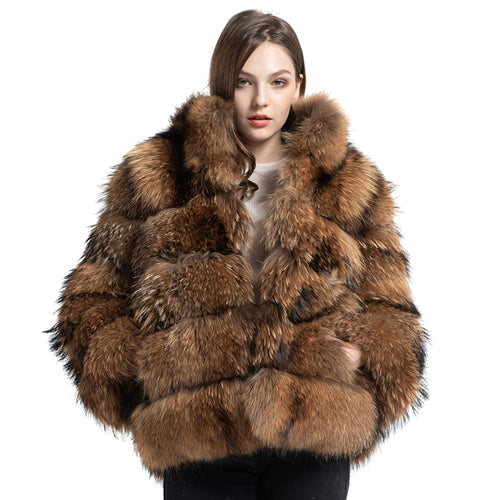 Winter Real Raccoon Fur Coat with Collar Women Natural Fur Jacket