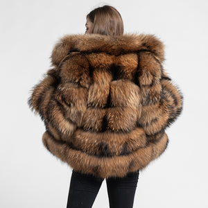 Winter Real Raccoon Fur Coat with Collar Women Natural Fur Jacket
