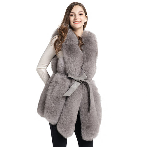 Real Fox Fur Gilet With Belt Winter Thick Warm Fur Genuine Fur Light Grey Vest