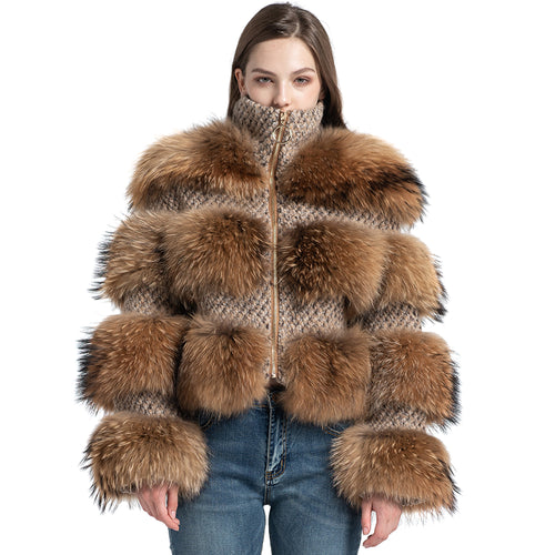 Real Raccoon and Tweed Fur Coat Lady Zippped Jacket